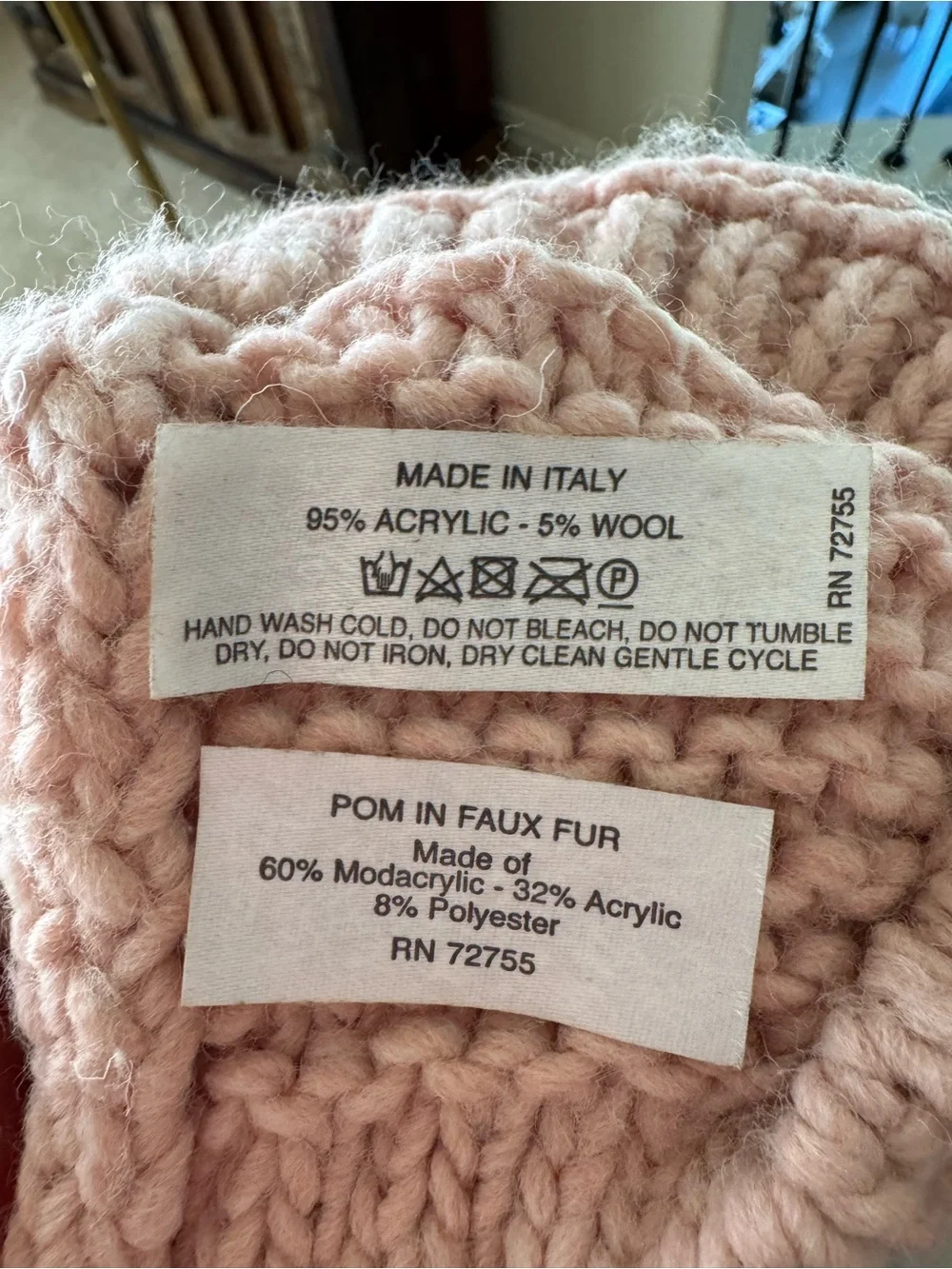 Blush Pink Italian Chunky Knit Beanie with Fur Pom